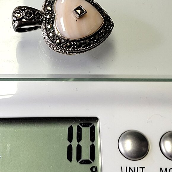 Pink Bezel Set MOP, Sterling Silver Marcasite Heart Pendant - Picture 13 of 16